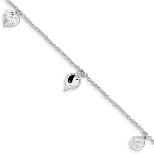 925 Sterling Silver Polished Hearts & Peace Sign 8in with 1in ext. Anklet, 9" Length