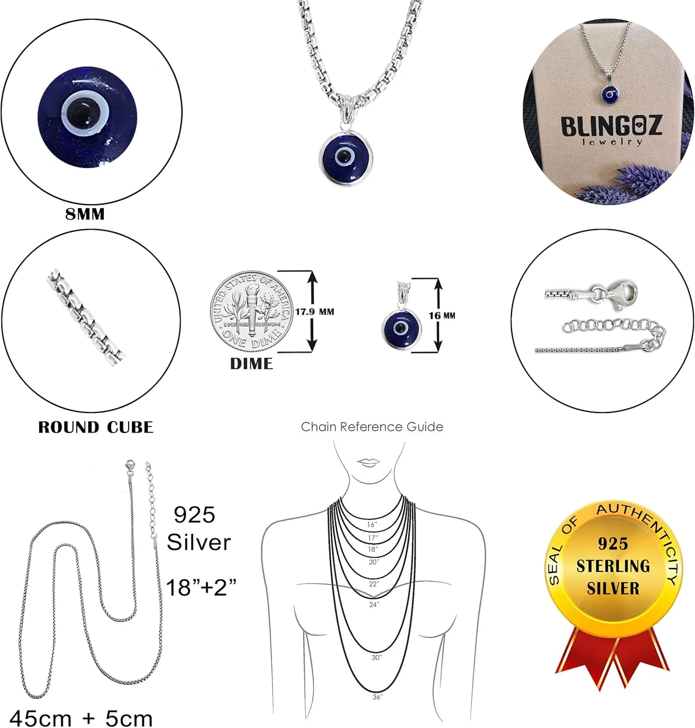 925 Sterling Silver Thick Popcorn | Round Cube Chain Evil Eye Necklace | Available in Gold or Silver | 18 2 Inch Adjustable Chain