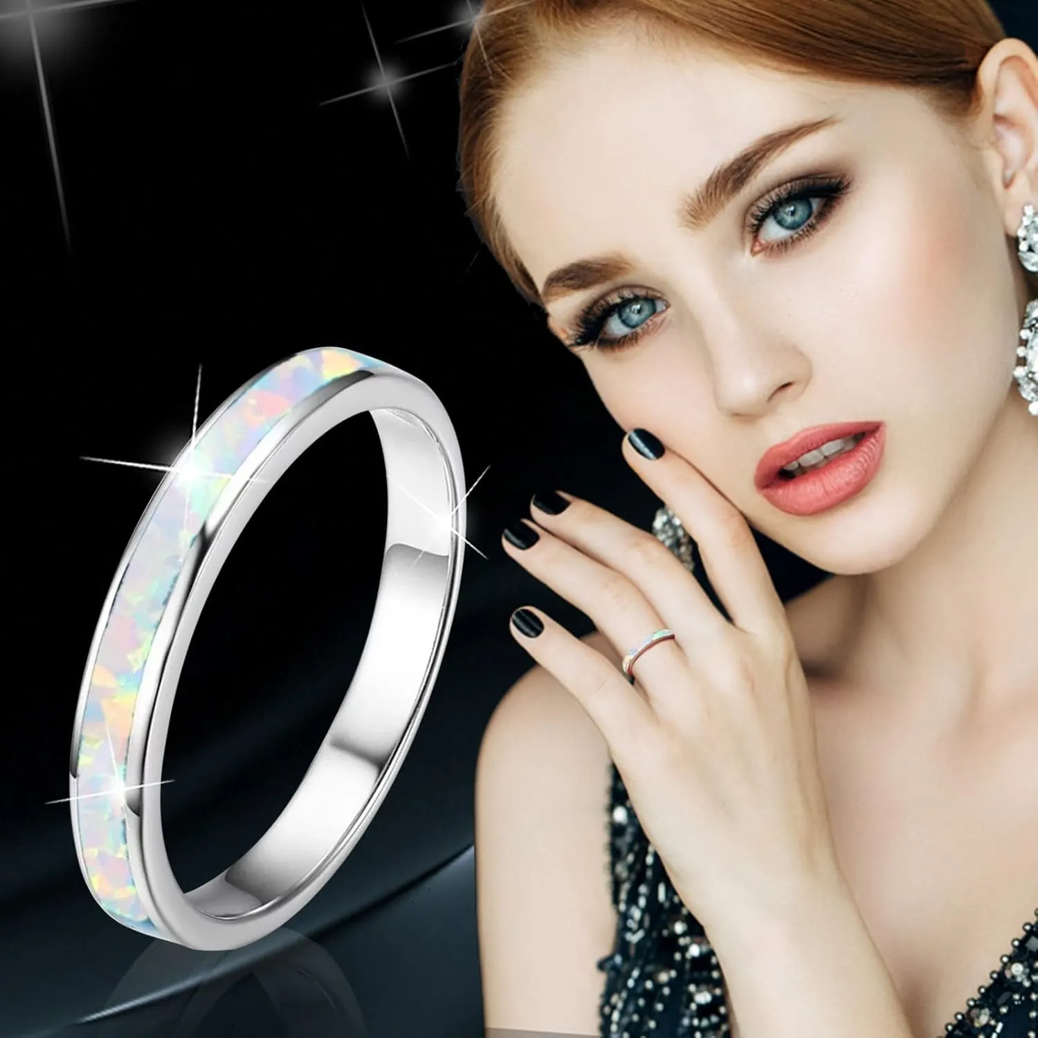 925 Sterling Silver Wedding Band for Woman,Blue Turquoise Inlaid Stackable Engagement Ring for Her Bridal Fashion Jewelry Set