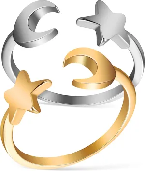 Adjustable Star and Moon Ring Set Women's Fashion Metal Finger Ring Lightweight Easy to Wear