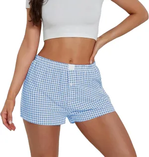 Allmloers Women Y2k Pajamas Shorts Elastic Low Waist Checkered Boxers Shorts Summer Plaid Sleeping Shorts Lounge