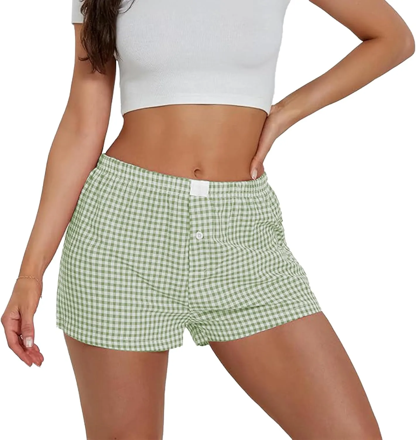 Allmloers Women Y2k Pajamas Shorts Elastic Low Waist Checkered Boxers Shorts Summer Plaid Sleeping Shorts Lounge