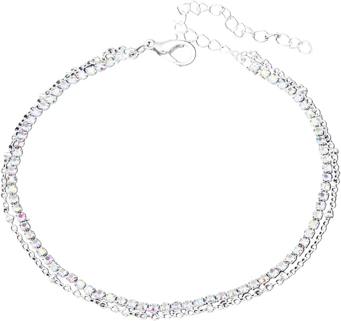 Anklets For Women Adjustable Silver Shiny Tennis Anklets Summer Jewelry Dainty 2in1 Chain Anklets Twinkle Cubic Zircon Diamond Anklet Foot Chain