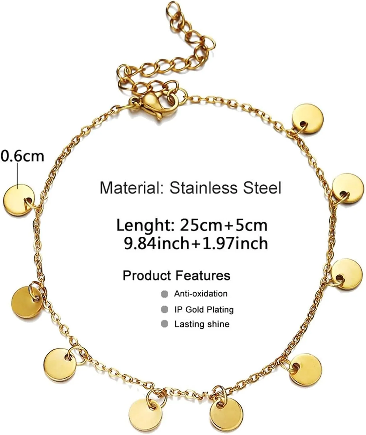 Anklets Gold for Women,Anklets Chain with Round Womens Anklets 11.81 inch Womens Stainless Steel Anklets