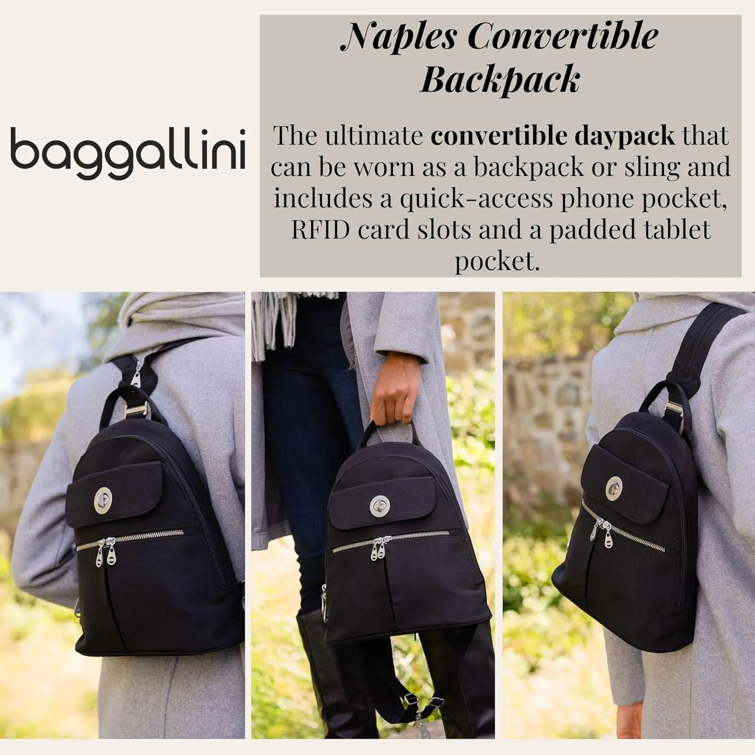 Baggallini Naples Convertible Small Daypack Sling Crossbody, Black