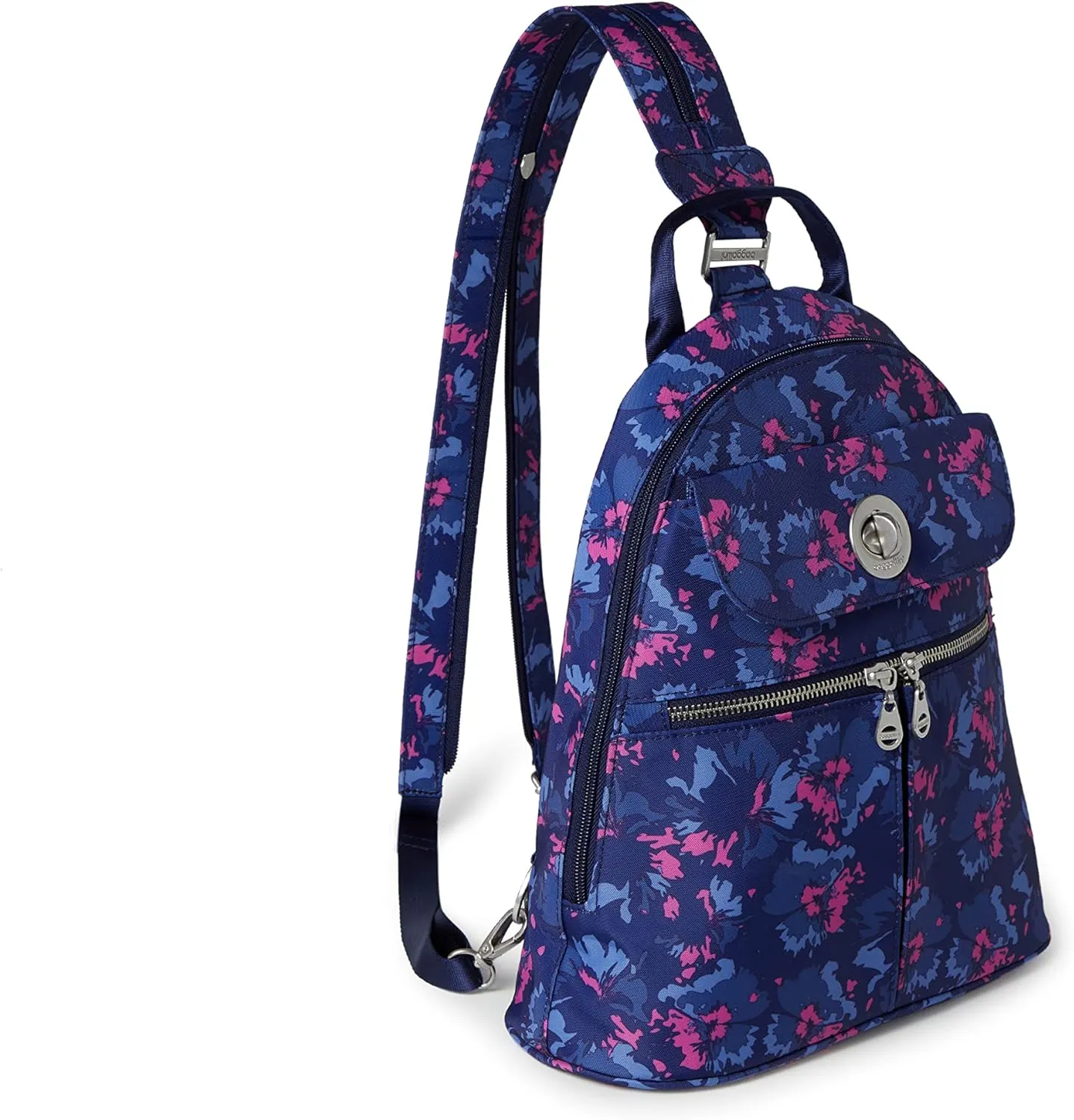 Baggallini Naples Convertible Small Daypack Sling Crossbody, Navy Garden