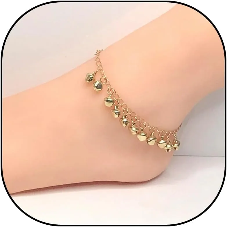Bangle anklet with bells for Women 18k Gold/Silver Dainty Waterproof Charm Anklet Plus Size Good Luck Boho Beach Adjustable Indian Cute Bell Ankle Bracelet Jewelry for Women Teen Girls