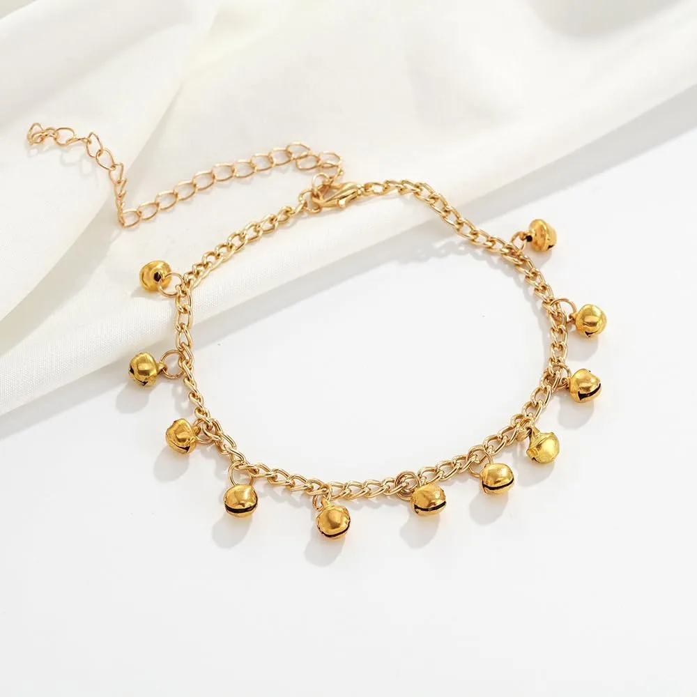 Bangle anklet with bells for Women 18k Gold/Silver Dainty Waterproof Charm Anklet Plus Size Good Luck Boho Beach Adjustable Indian Cute Bell Ankle Bracelet Jewelry for Women Teen Girls