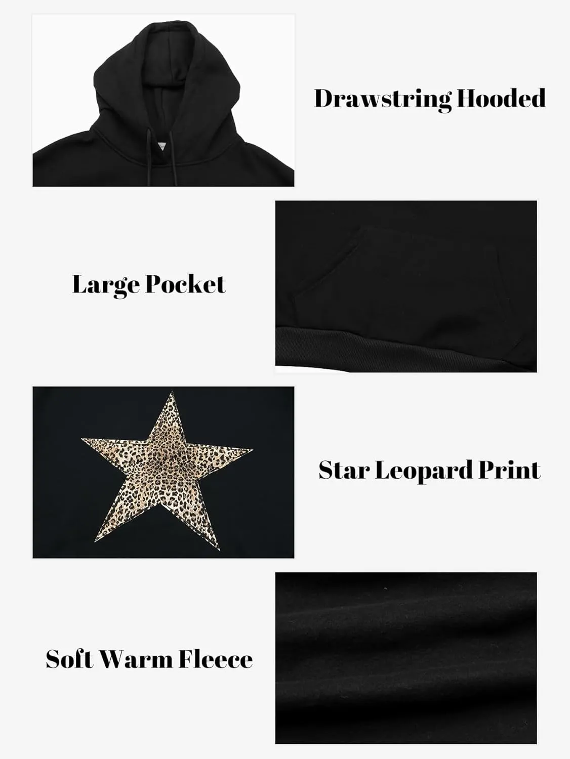 Baonmy Star Graphic Hoodies Y2k Leopard Print Oversized Fleece Hoodie Long Sleeve Pullover Sweatshirt for Women Streetwear