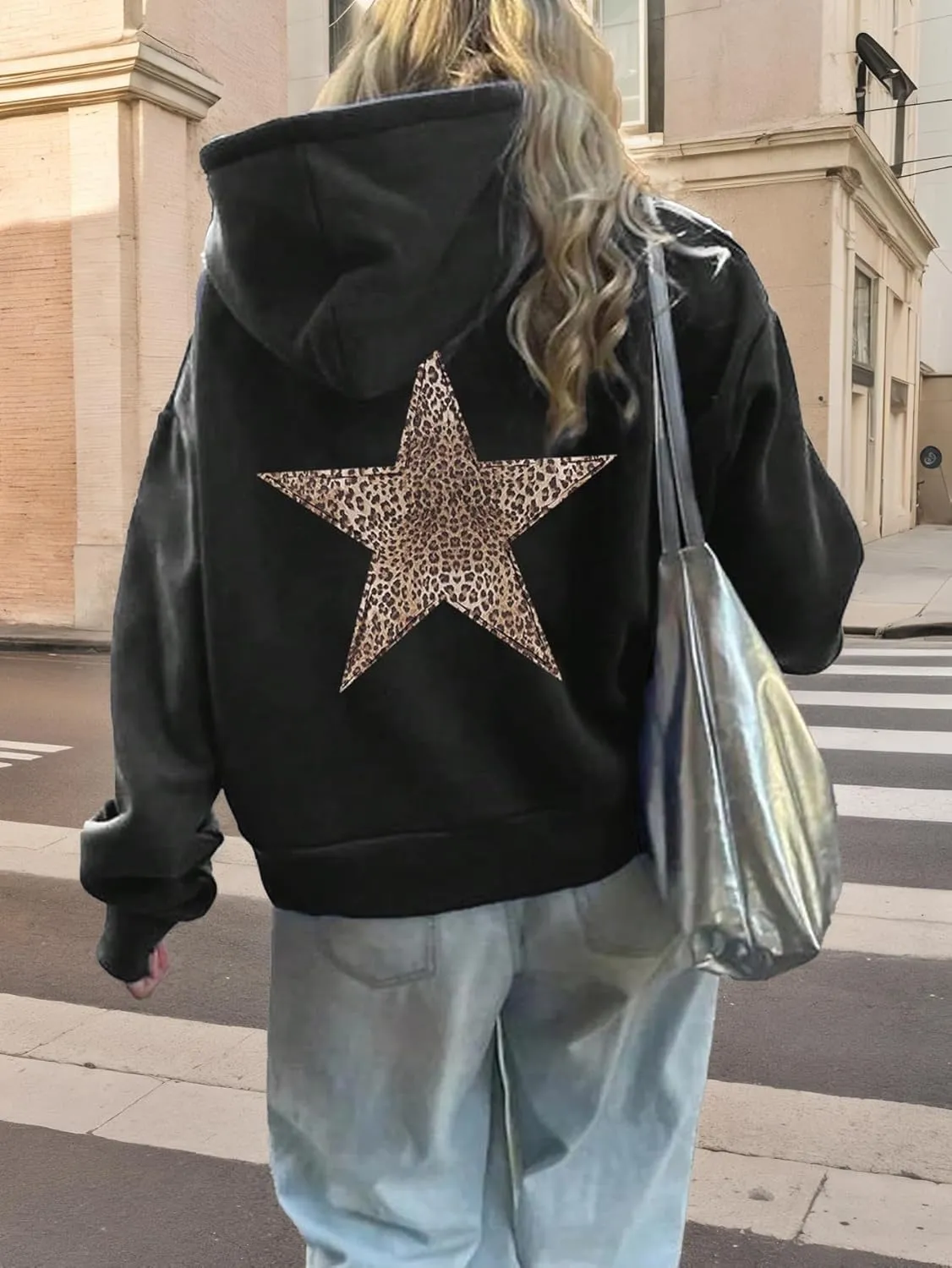 Baonmy Star Graphic Hoodies Y2k Leopard Print Oversized Fleece Hoodie Long Sleeve Pullover Sweatshirt for Women Streetwear