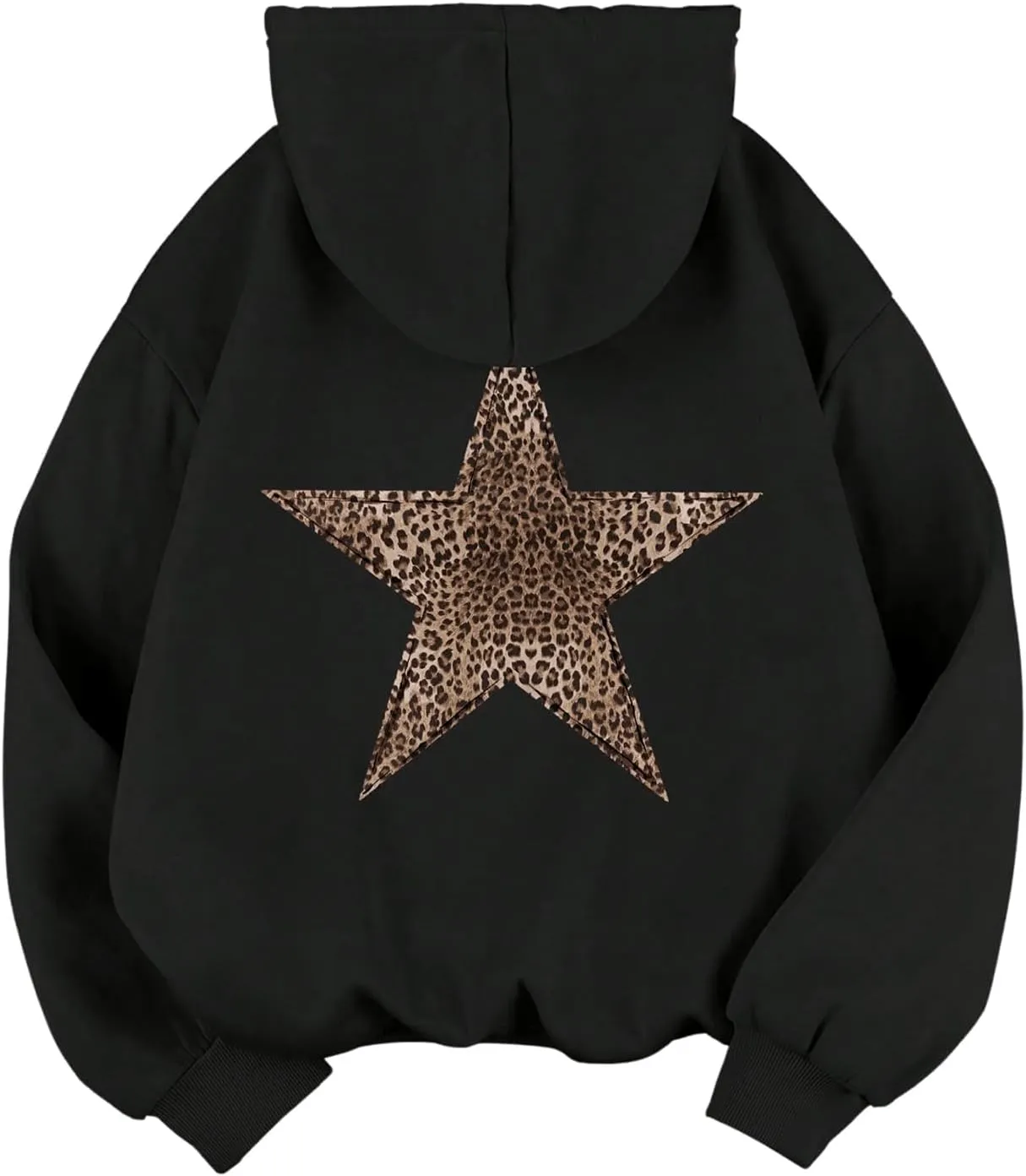 Baonmy Star Graphic Hoodies Y2k Leopard Print Oversized Fleece Hoodie Long Sleeve Pullover Sweatshirt for Women Streetwear