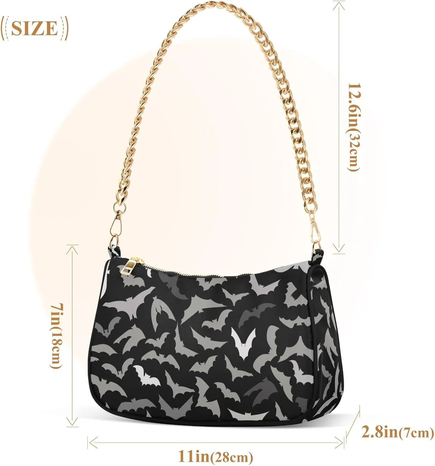 Bat Halloween Women's Chain Shoulder Bag, Metal Chain Strap Zip Purse for Women