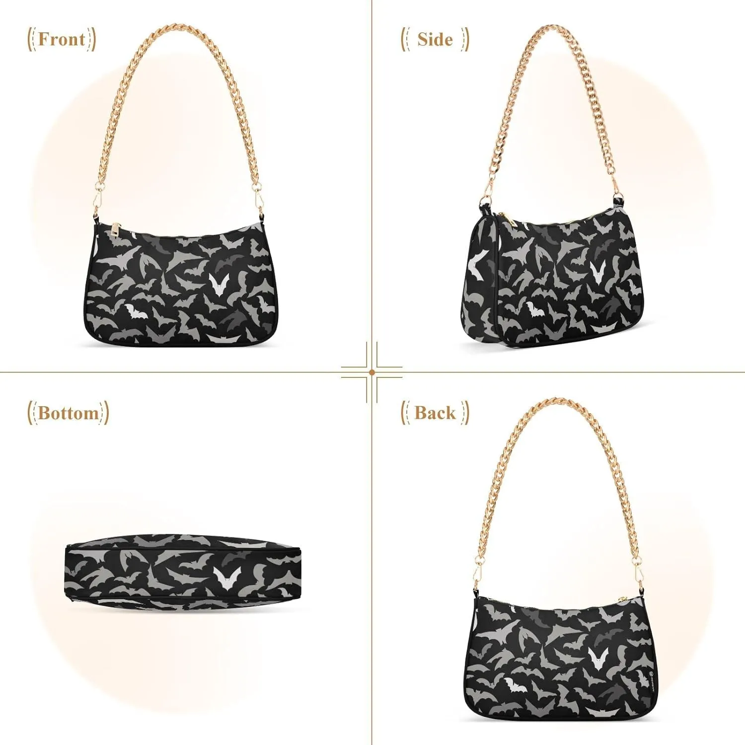 Bat Halloween Women's Chain Shoulder Bag, Metal Chain Strap Zip Purse for Women