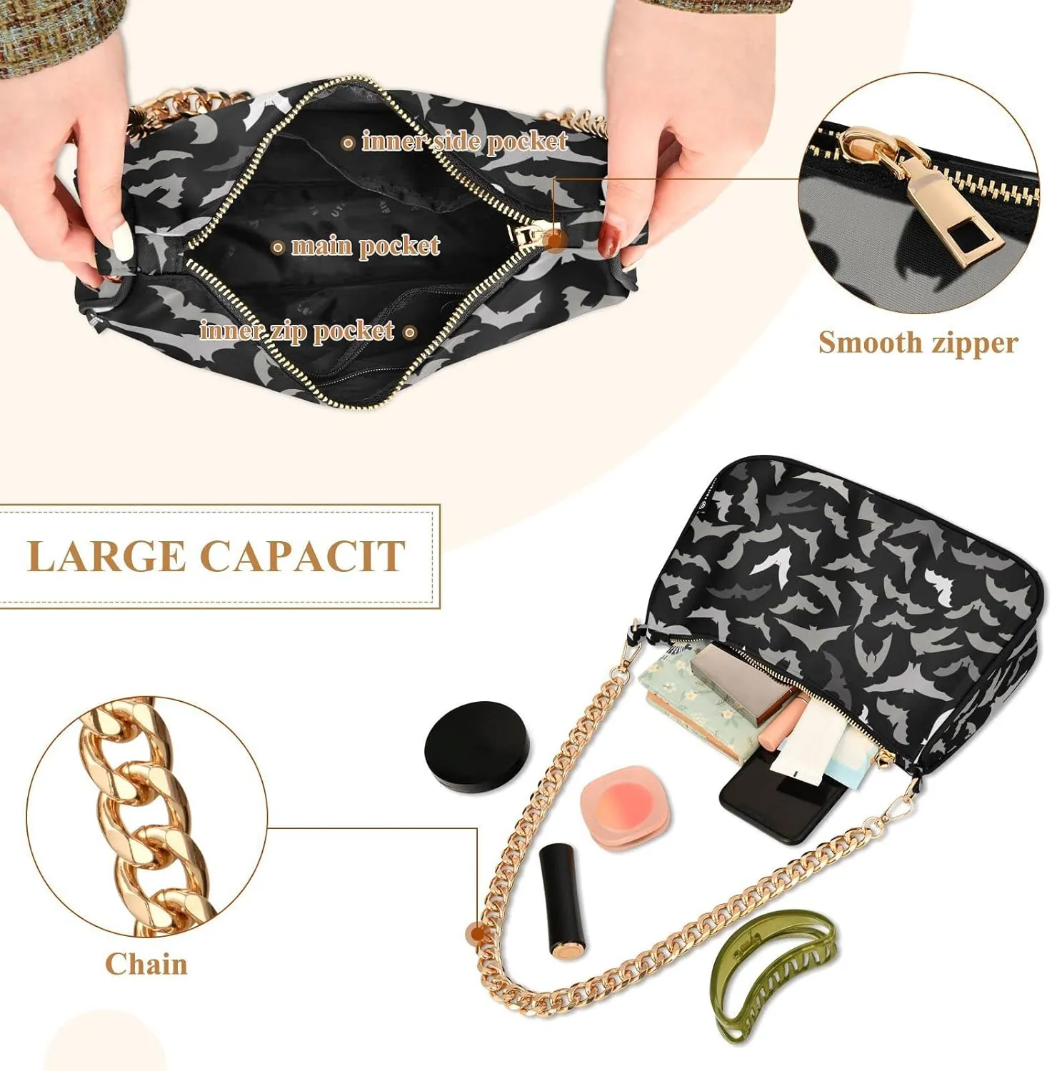 Bat Halloween Women's Chain Shoulder Bag, Metal Chain Strap Zip Purse for Women