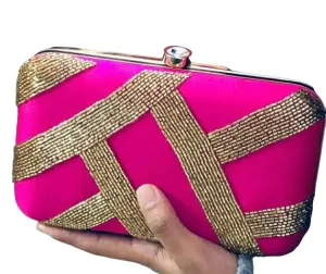 Beaded Embroidery Clutch for Evening Bag Cocktail Wedding Purse Bridal Prom Handbag Small Chain Strap Crossbody Bag - Pink