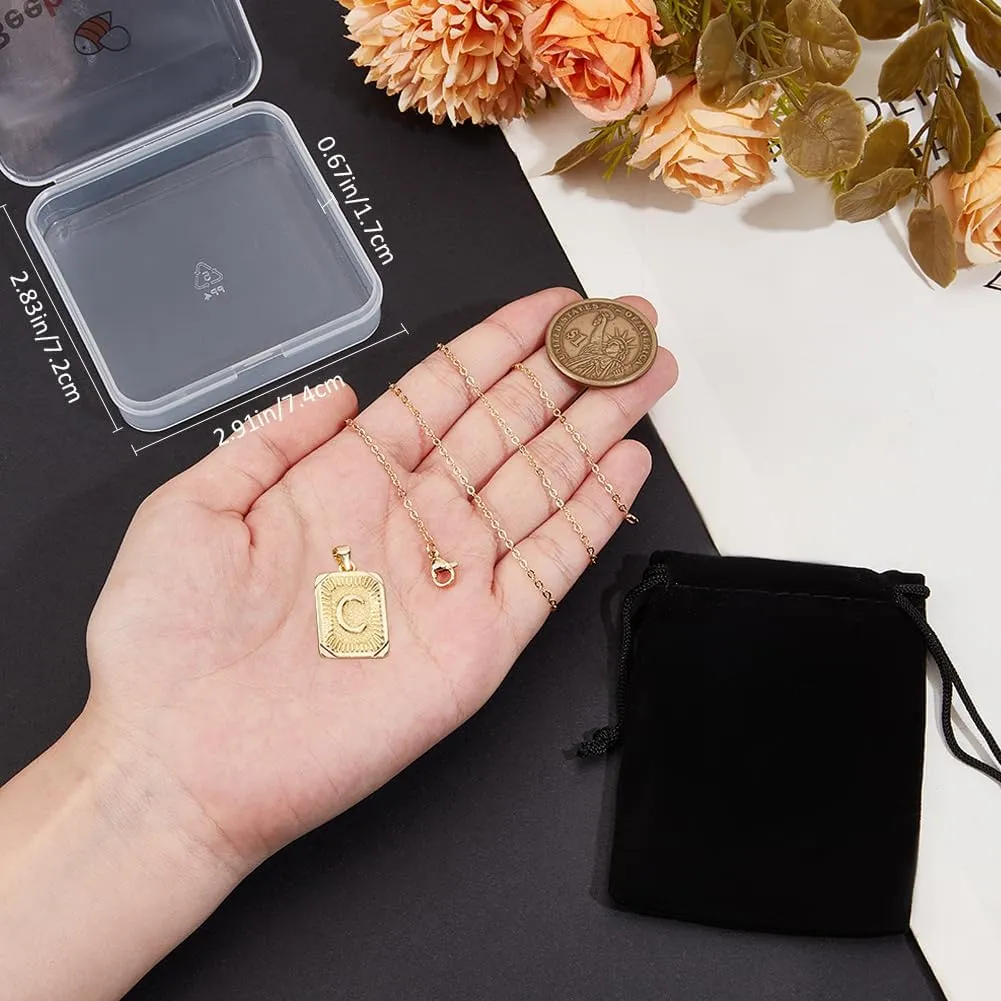 Beebeecraft 1 Box 1Pc Alphabet C Necklaces 18K Gold Plated Brass Letter Pendants with 1Pc Cable Chain and Rectangle Velvet Pouches for Men Women