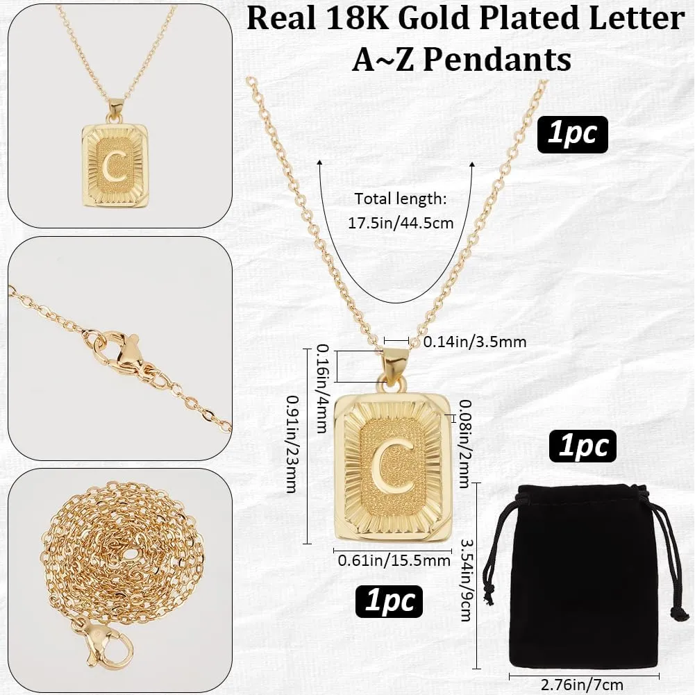 Beebeecraft 1 Box 1Pc Alphabet C Necklaces 18K Gold Plated Brass Letter Pendants with 1Pc Cable Chain and Rectangle Velvet Pouches for Men Women