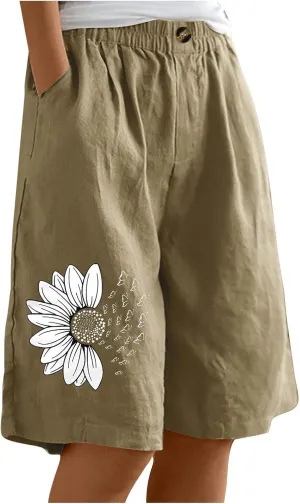 Bermuda Shorts for Women Cotton Linen Elastic High Waisted Casual Loose Shorts Comfy Lightweight Summer Shorts