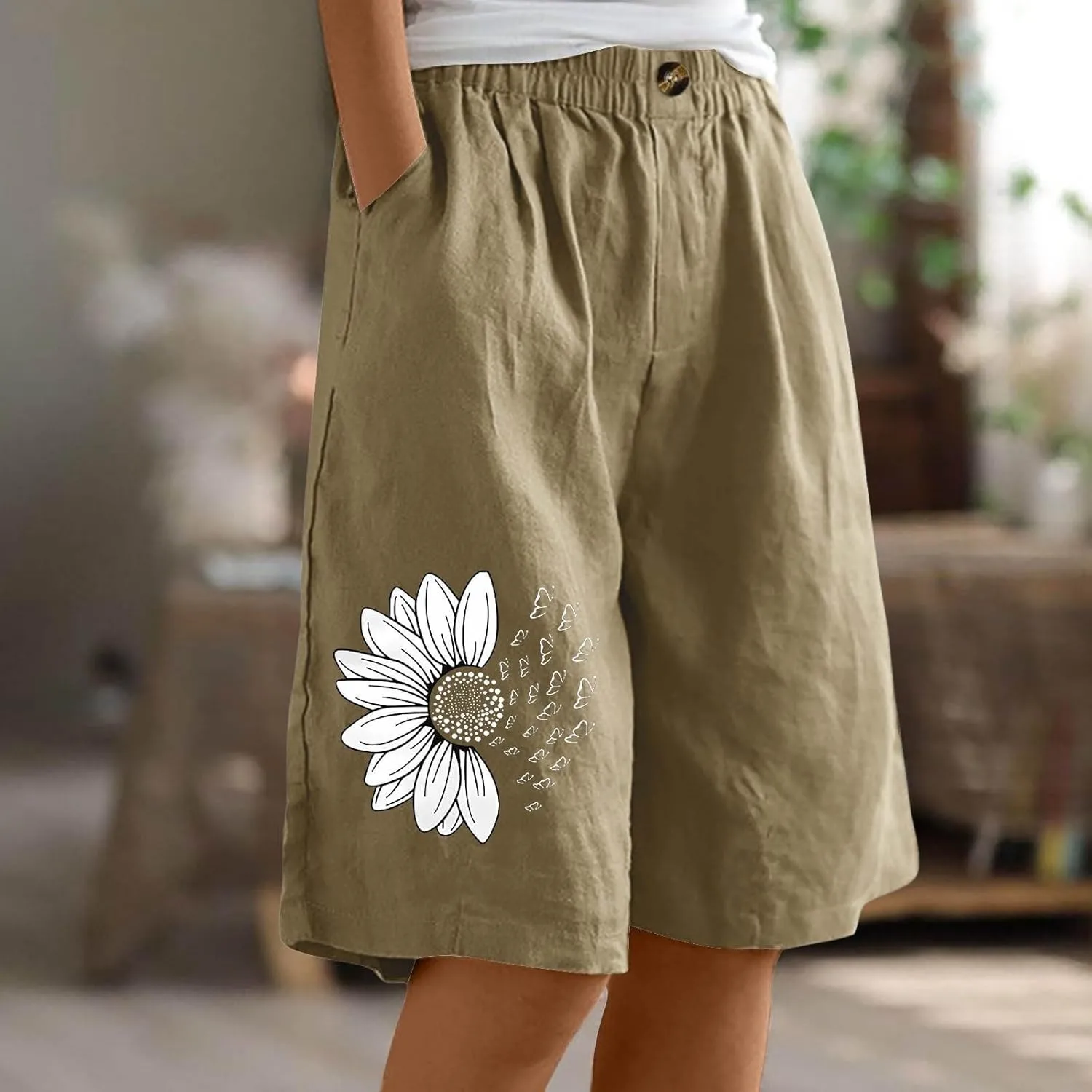 Bermuda Shorts for Women Cotton Linen Elastic High Waisted Casual Loose Shorts Comfy Lightweight Summer Shorts