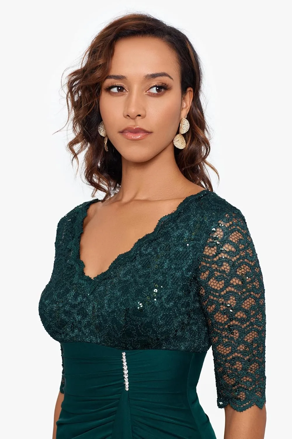 Betsy & Adam Women's Floor-Length, 3/4 Sleeve, Embellished, with Fitted Silhouette