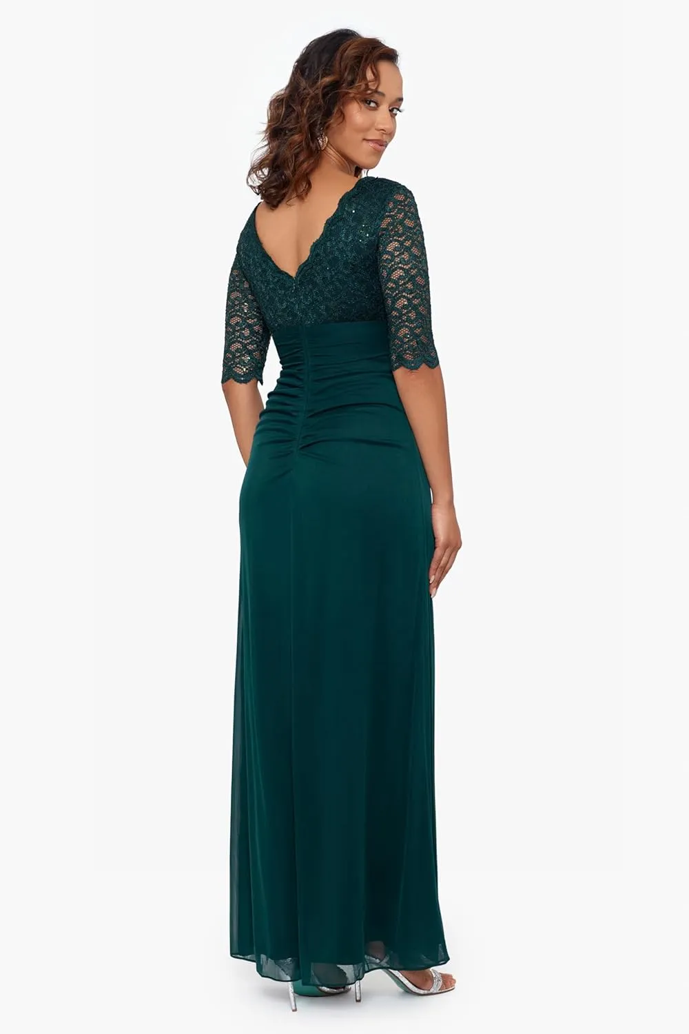 Betsy & Adam Women's Floor-Length, 3/4 Sleeve, Embellished, with Fitted Silhouette