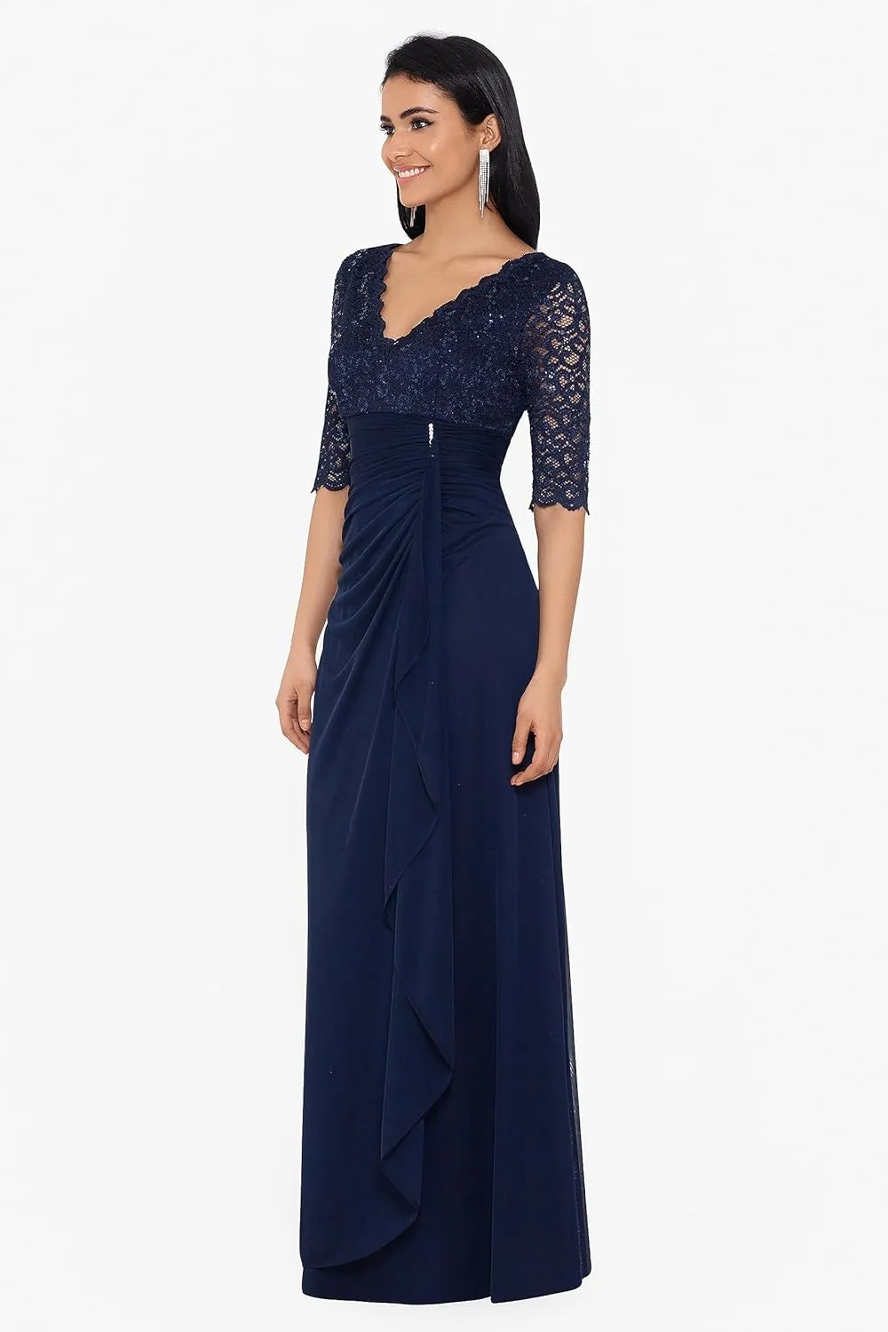 Betsy & Adam Women's Floor-Length, 3/4 Sleeve, Embellished, with Fitted Silhouette
