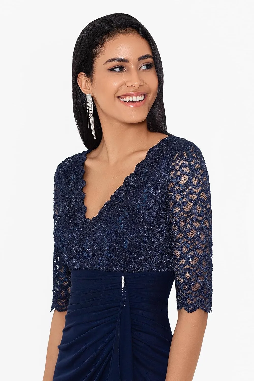 Betsy & Adam Women's Floor-Length, 3/4 Sleeve, Embellished, with Fitted Silhouette