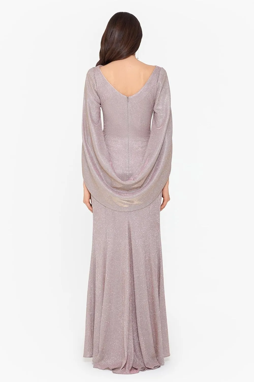 Betsy & Adam Women's Long Glitter Cape Sleeve Dress with Draped Neckline and Hidden Back Zipper