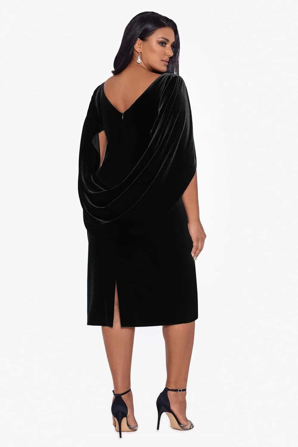 Betsy & Adam Women's Plus Size Short Velvet Cowl Neck Dress with Draped Back
