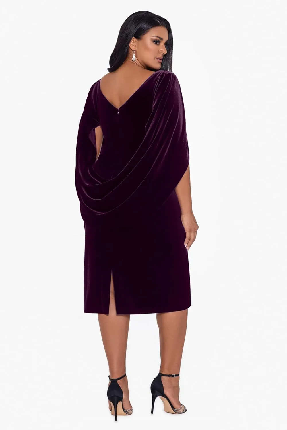 Betsy & Adam Women's Plus Size Short Velvet Cowl Neck Dress with Draped Back