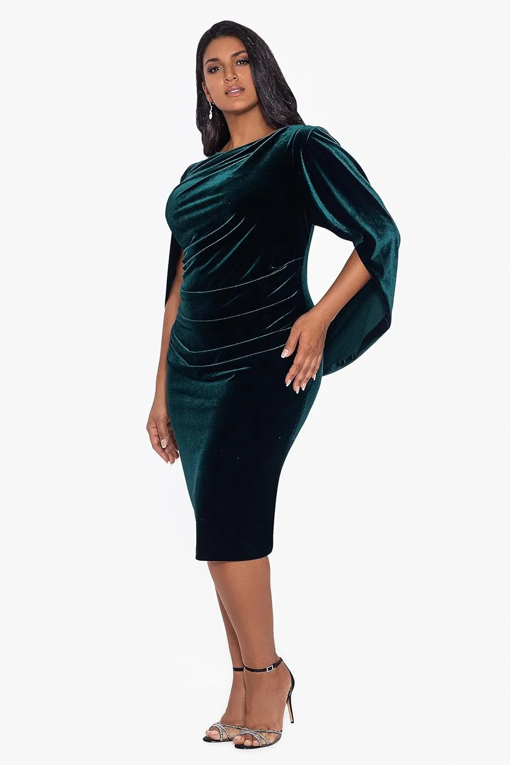 Betsy & Adam Women's Plus Size Short Velvet Cowl Neck Dress with Draped Back