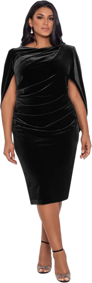 Betsy & Adam Women's Plus Size Short Velvet Cowl Neck Dress with Draped Back