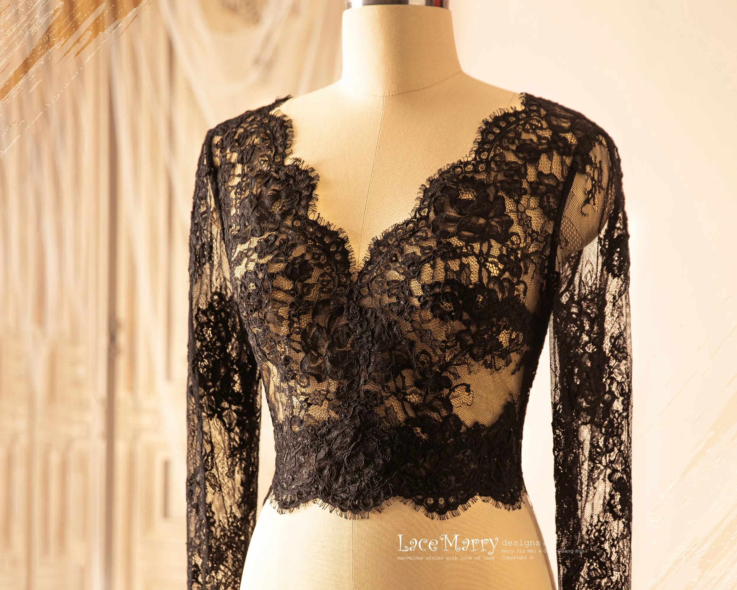 Black Wedding Dress with Separate Long Lacy Sleeves Bolero and Bustier