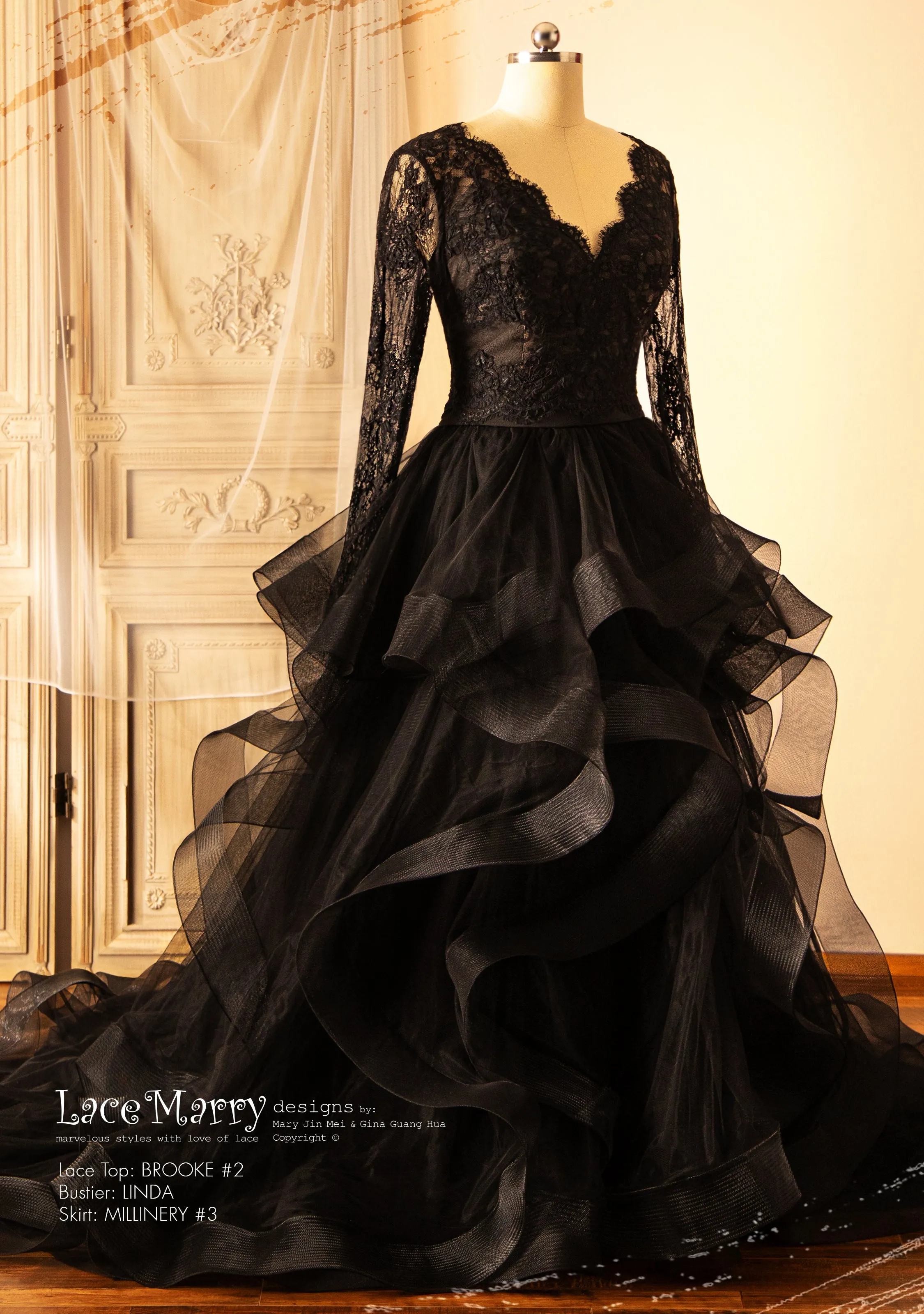Black Wedding Dress with Separate Long Lacy Sleeves Bolero and Bustier