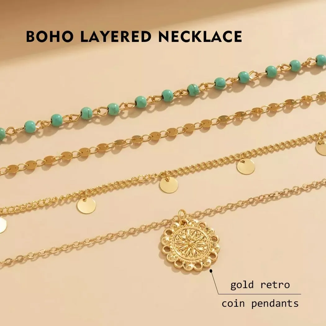 Boho Layered Necklace for Women Turquoise Necklaces Long Dainty Necklace Gold Starfish Necklaces Sequin Choker Necklace Summer Jewelry