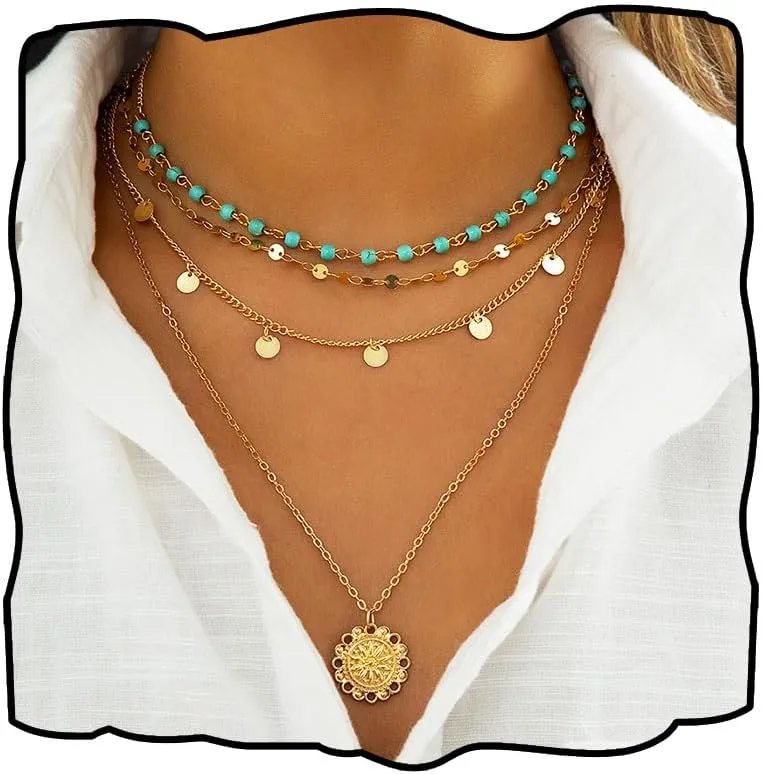 Boho Layered Necklace for Women Turquoise Necklaces Long Dainty Necklace Gold Starfish Necklaces Sequin Choker Necklace Summer Jewelry