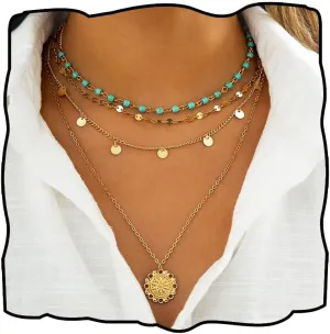 Boho Layered Necklace for Women Turquoise Necklaces Long Dainty Necklace Gold Starfish Necklaces Sequin Choker Necklace Summer Jewelry