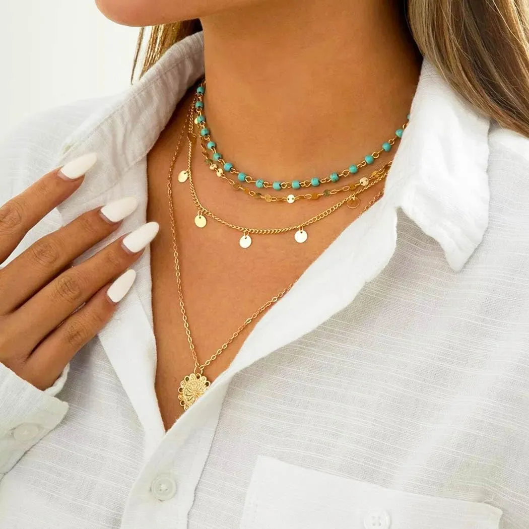 Boho Layered Necklace for Women Turquoise Necklaces Long Dainty Necklace Gold Starfish Necklaces Sequin Choker Necklace Summer Jewelry