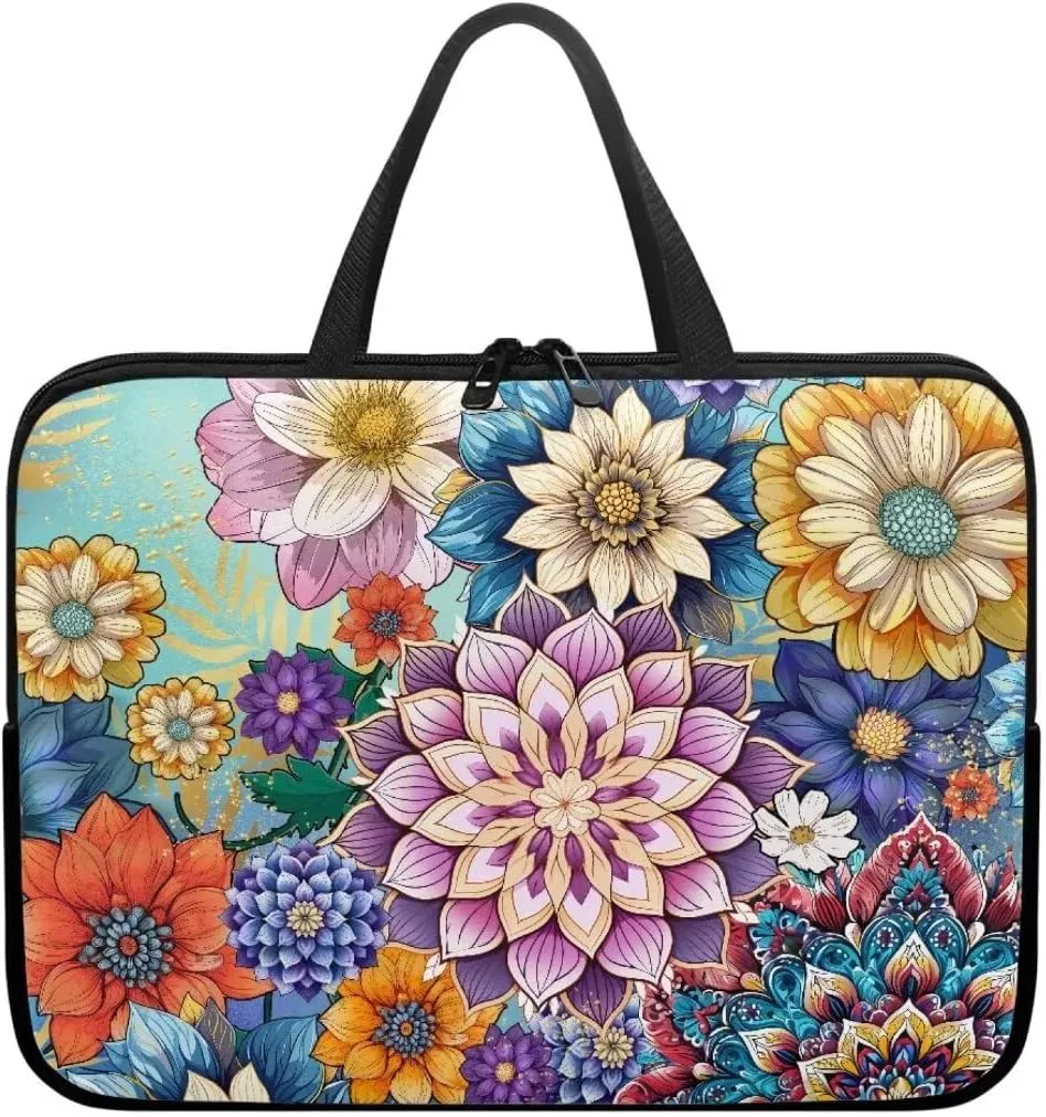 Boho Mandala Laptop and Tablet Case for Women Notebook Case Color Floral Flowers Laptop and Tablet Case Multifuntional Briefcase Bag-15 inch