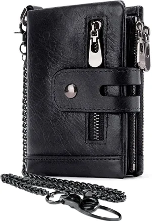boshiho Real Leather RFID Blocking Bifold Wallets for Men Double Zipper Coin Pocket Purse with Anti-Theft Chain