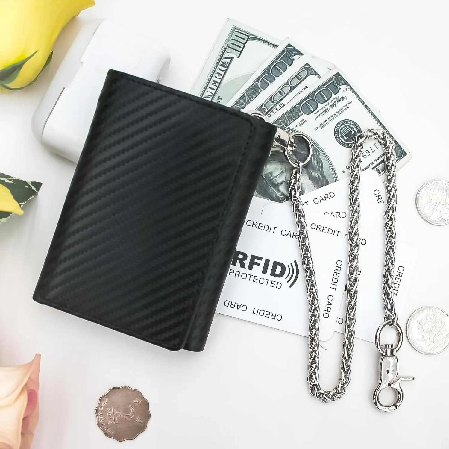 boshiho Real Leather RFID Blocking Bifold Wallets for Men Double Zipper Coin Pocket Purse with Anti-Theft Chain