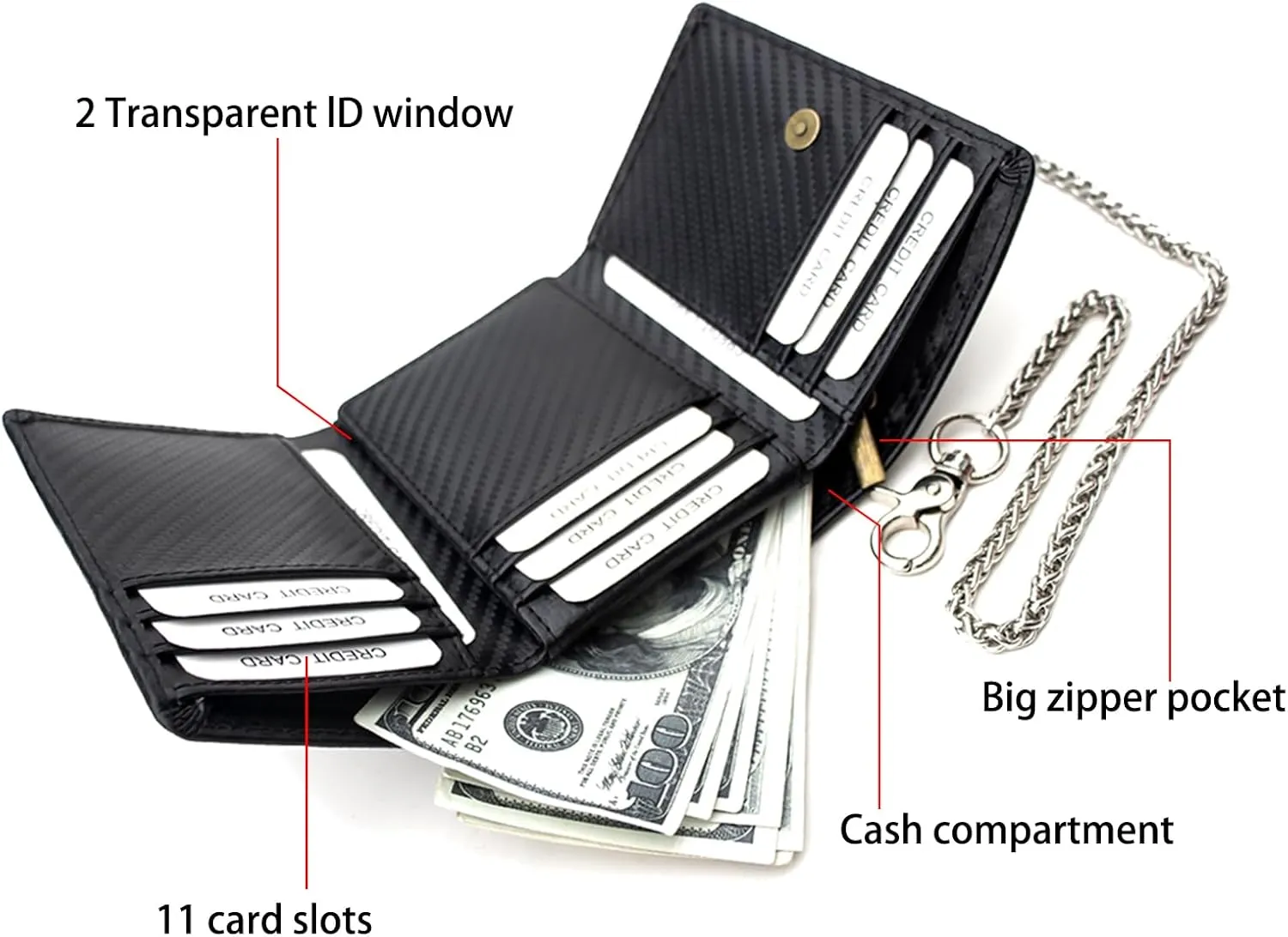 boshiho Real Leather RFID Blocking Bifold Wallets for Men Double Zipper Coin Pocket Purse with Anti-Theft Chain
