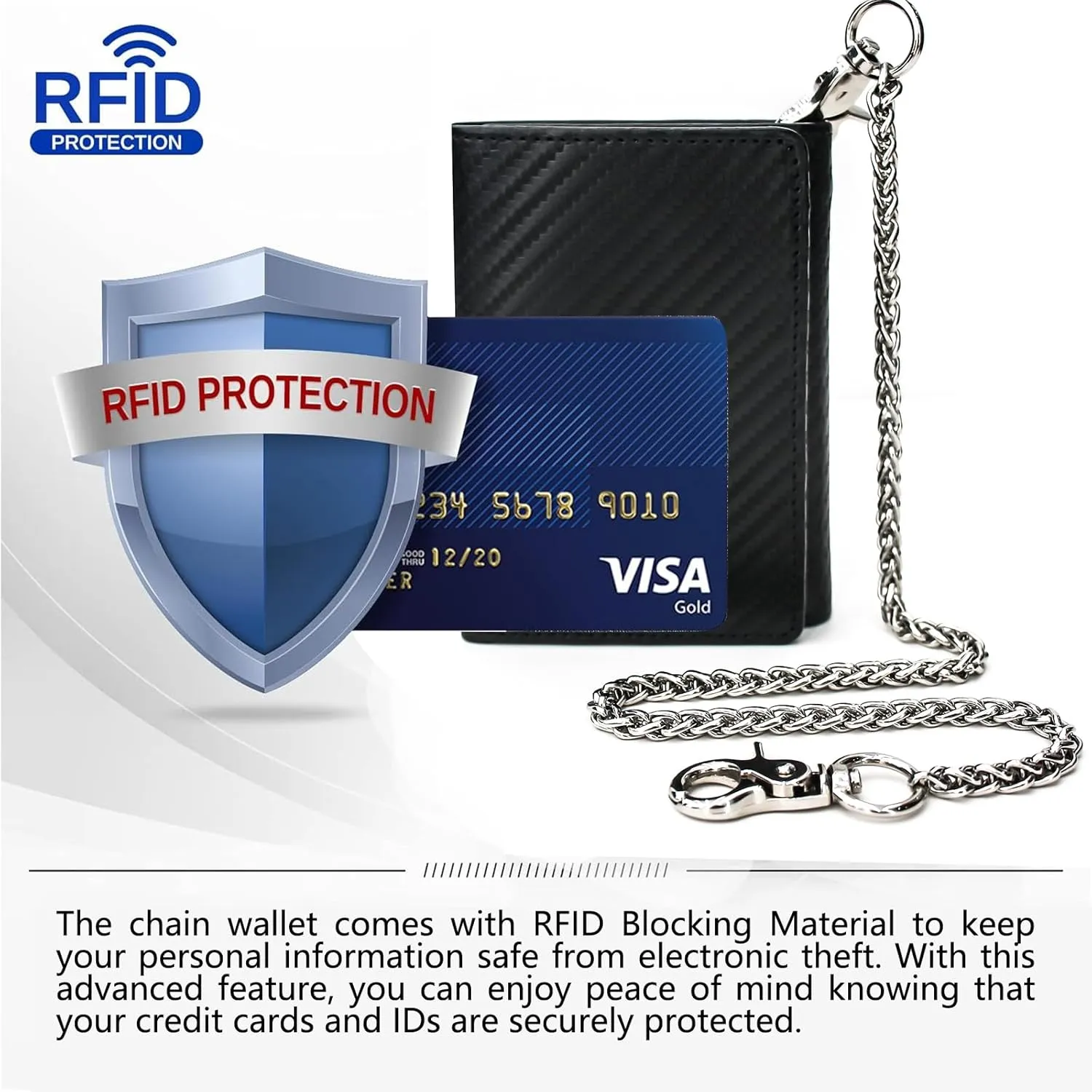 boshiho Real Leather RFID Blocking Bifold Wallets for Men Double Zipper Coin Pocket Purse with Anti-Theft Chain