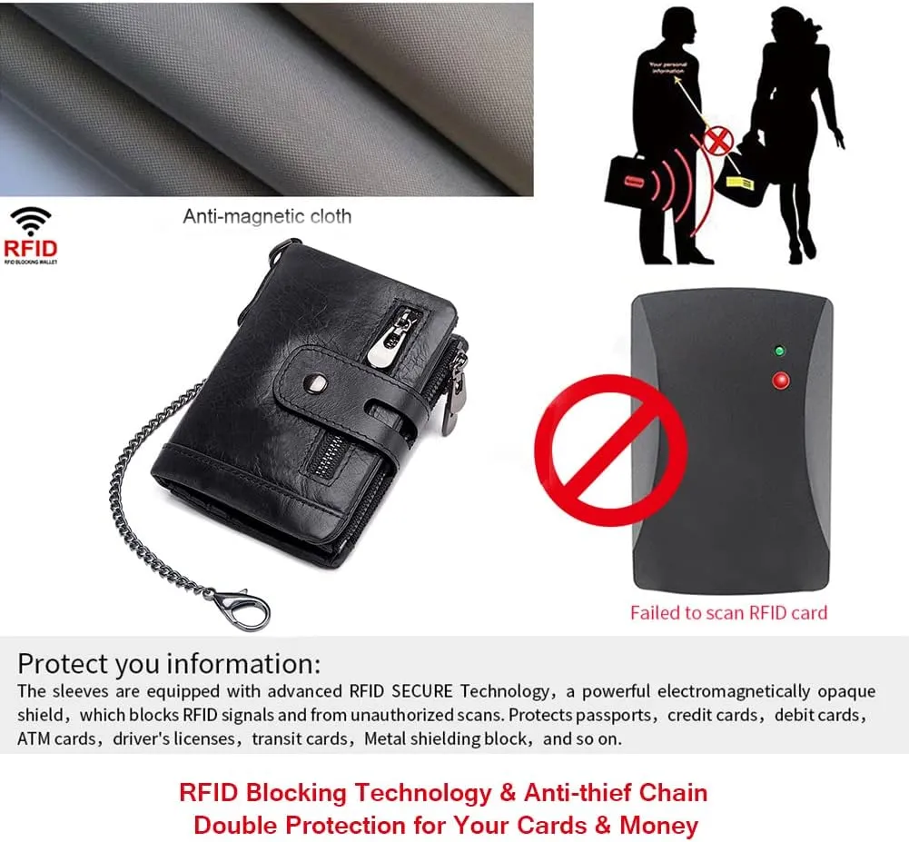 boshiho Real Leather RFID Blocking Bifold Wallets for Men Double Zipper Coin Pocket Purse with Anti-Theft Chain