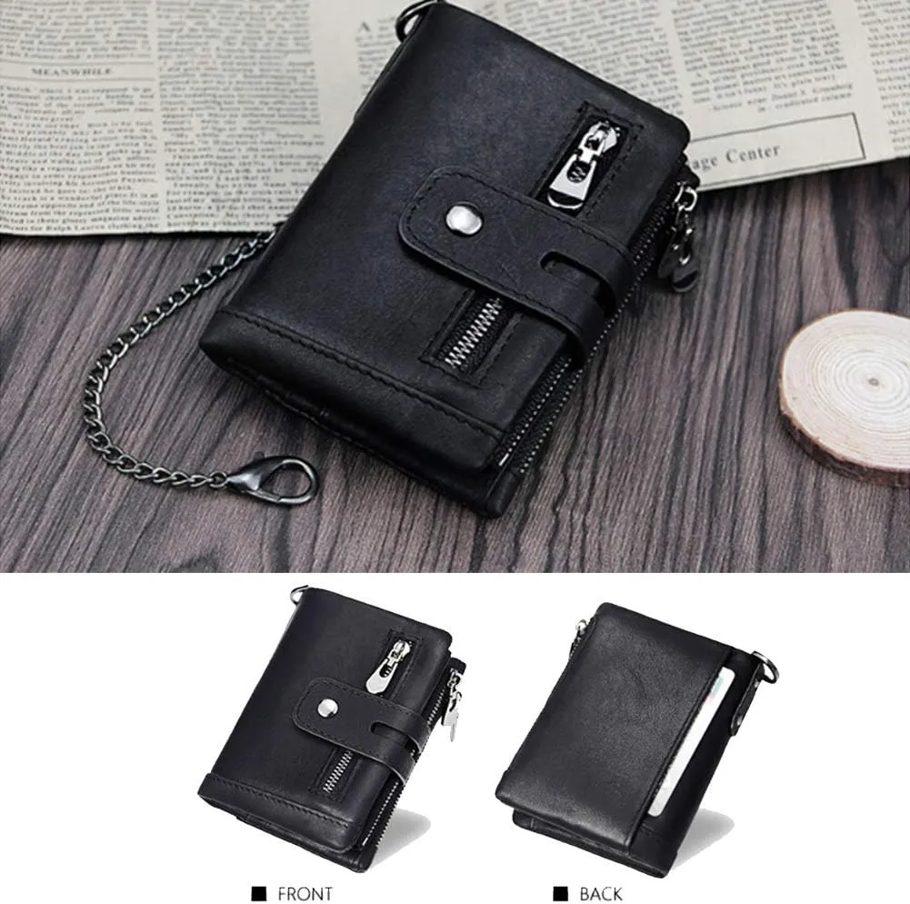boshiho Real Leather RFID Blocking Bifold Wallets for Men Double Zipper Coin Pocket Purse with Anti-Theft Chain
