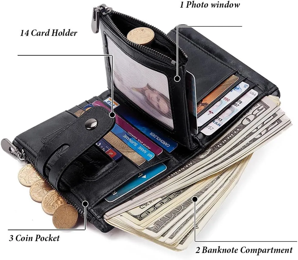 boshiho Real Leather RFID Blocking Bifold Wallets for Men Double Zipper Coin Pocket Purse with Anti-Theft Chain