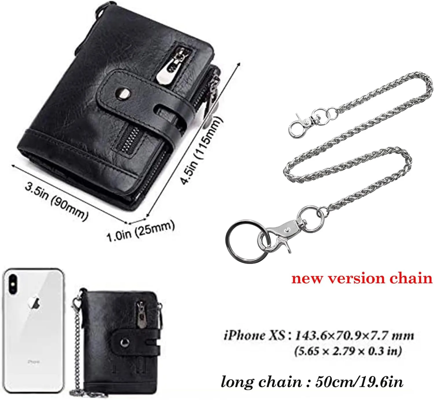 boshiho Real Leather RFID Blocking Bifold Wallets for Men Double Zipper Coin Pocket Purse with Anti-Theft Chain