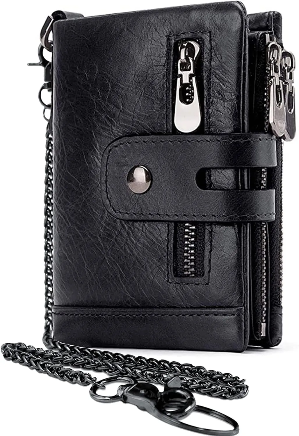 boshiho Real Leather RFID Blocking Bifold Wallets for Men Double Zipper Coin Pocket Purse with Anti-Theft Chain