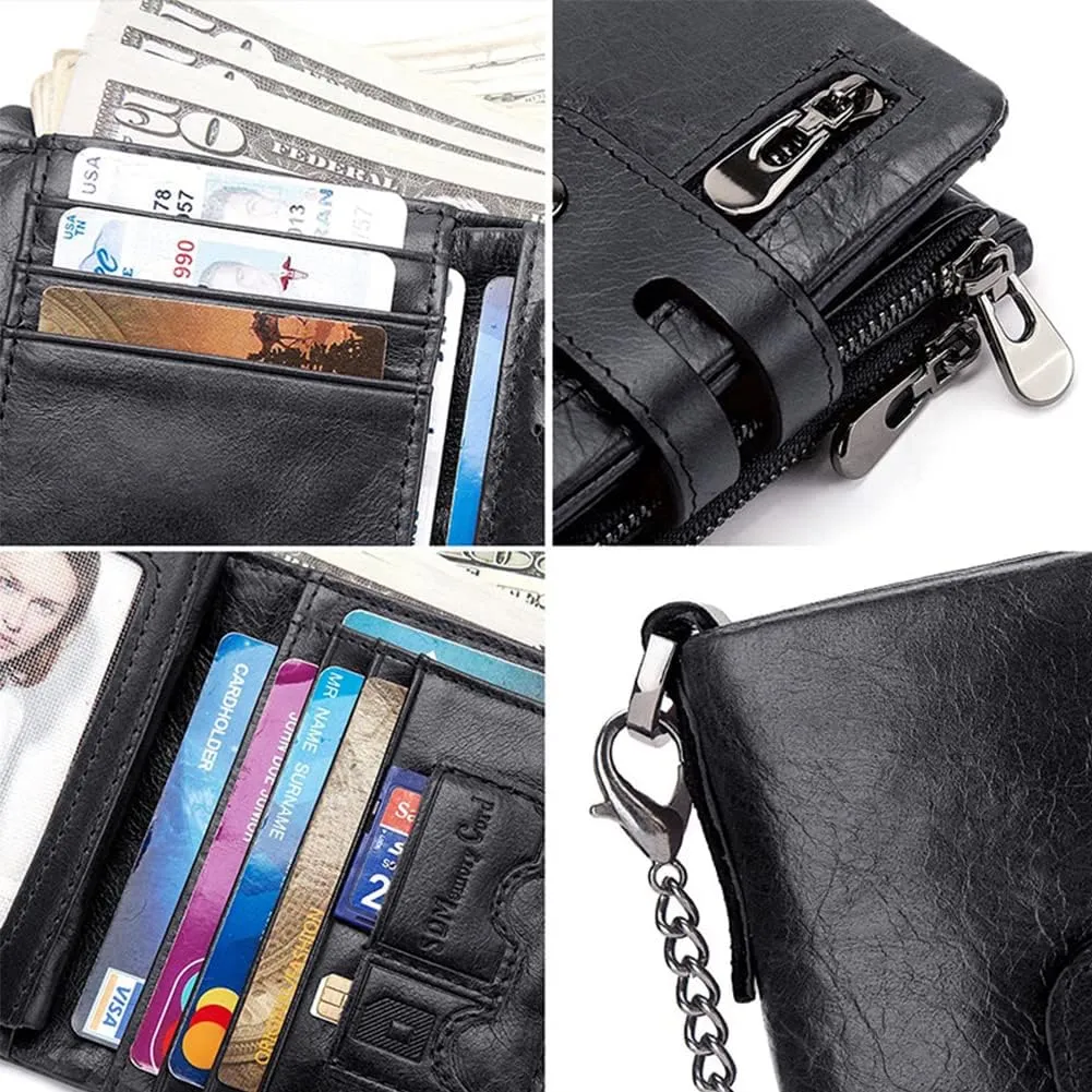 boshiho Real Leather RFID Blocking Bifold Wallets for Men Double Zipper Coin Pocket Purse with Anti-Theft Chain