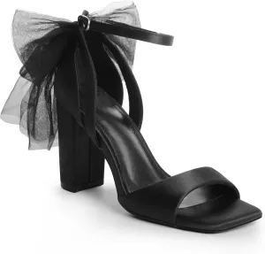 Bow Heels for Women Square Toe Chunky Heel Wedding Shoes